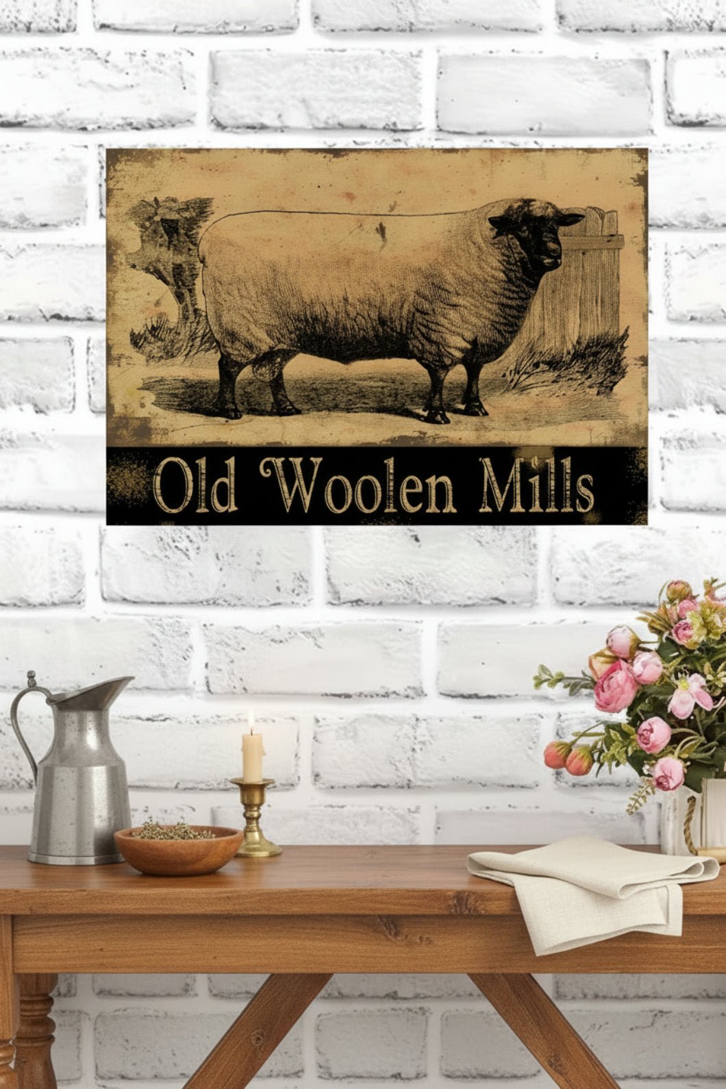 Olde Woolen Mills Sheep Metal Sign - 8x12 Primitive Farmhouse Wall Decor - The Primitive Pineapple Collection