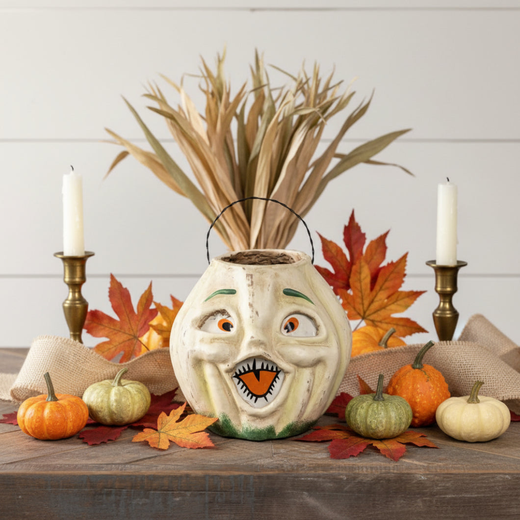 Primitive Halloween Fall Ragon House 7" White Jack O Lantern Choir Boy Bucket - The Primitive Pineapple Collection