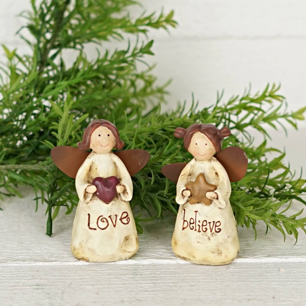Primitive Farmhouse 2 pc Love and Believe Angels w/ Star Figurines - The Primitive Pineapple Collection