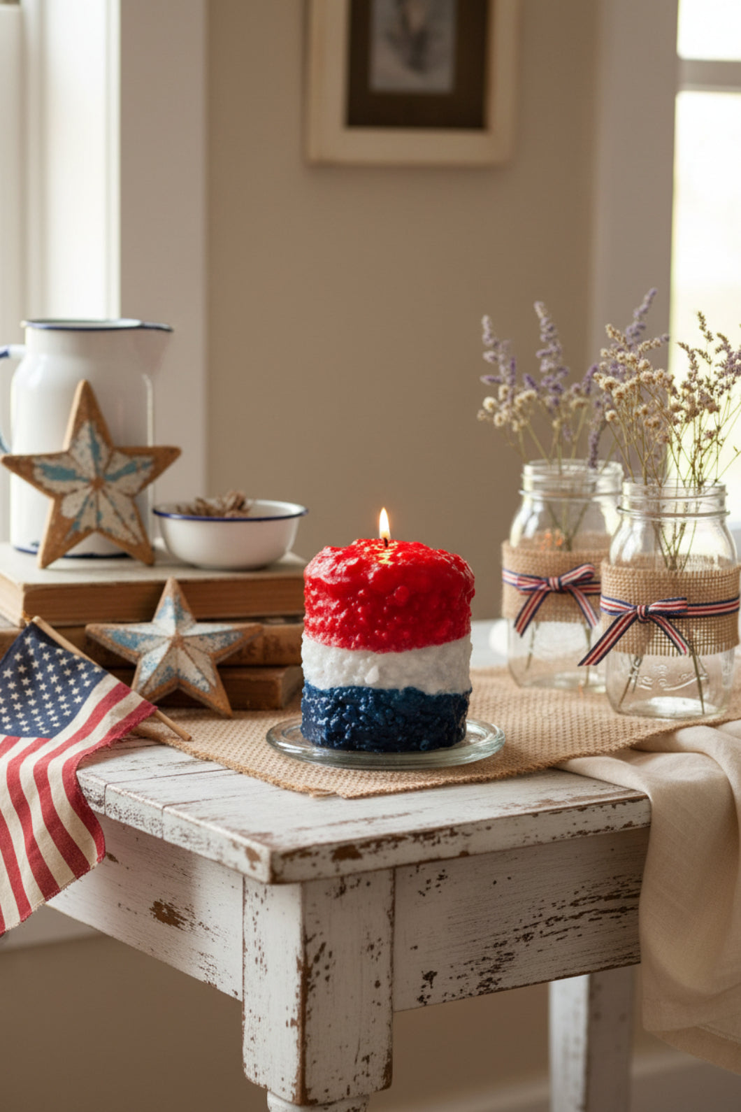 Primitive Handcrafted Patriotic Red/White/Blue Peace Hearth Candle - The Primitive Pineapple Collection