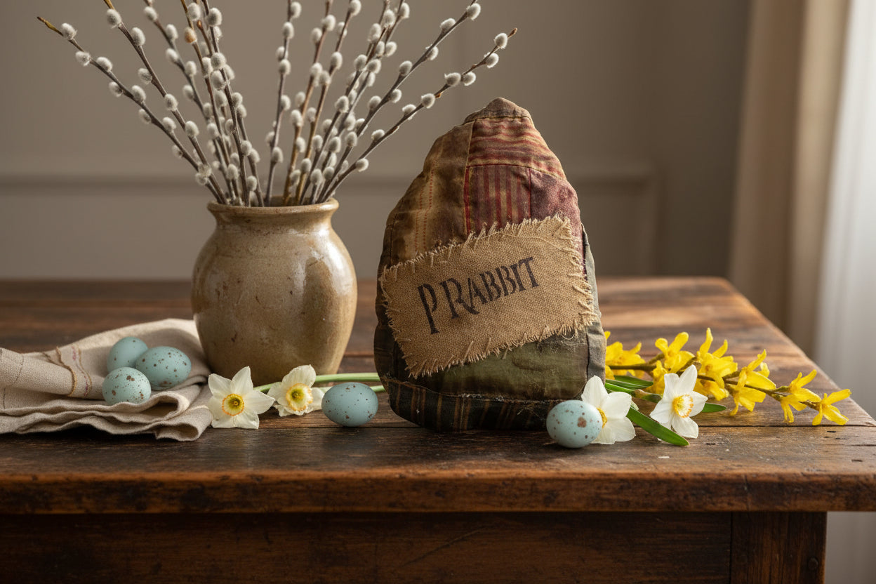 Extreme Primitive Vintage Quilted Easter P Rabbit Egg Bowl Fillers Stained Grubby 7" x 5" - The Primitive Pineapple Collection