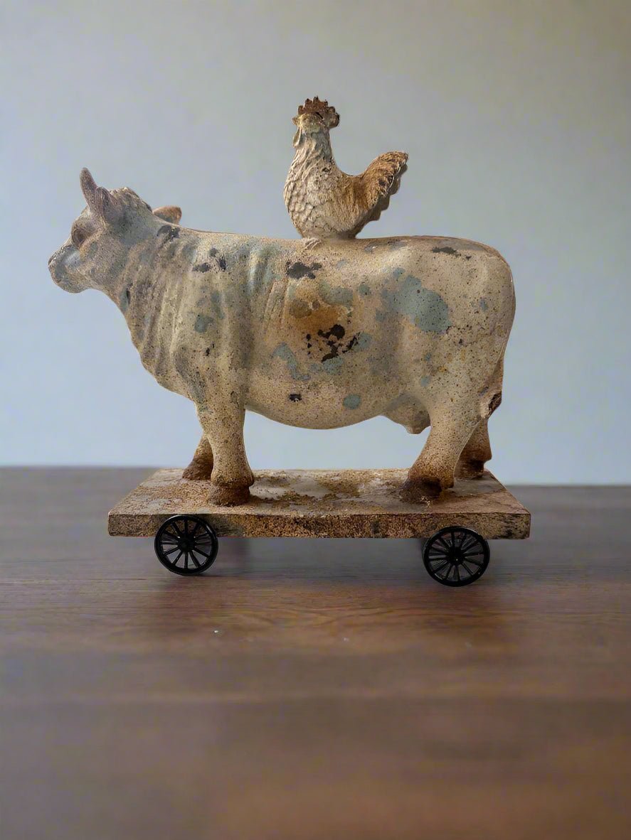 Primitive Farmhouse 10" Brown Spring Rustic Cow and Chicken On Wheels - The Primitive Pineapple Collection