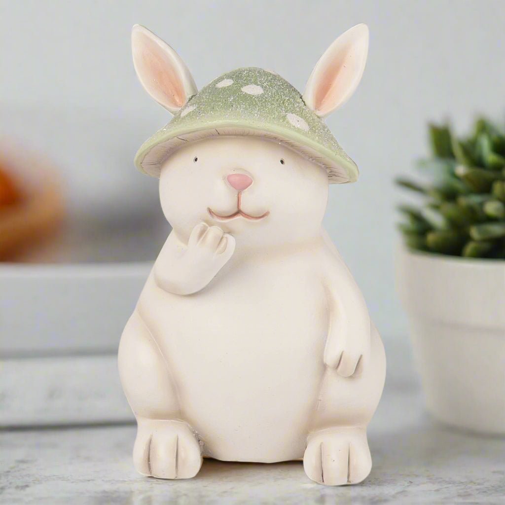 Farmhouse Garden 5.75" White Spring Mushroom Hat Bunny Figurine - The Primitive Pineapple Collection