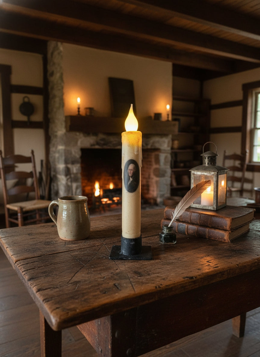 Primitive Handcrafted Colonial President Washington 7"H Led Timer Taper Candle - The Primitive Pineapple Collection