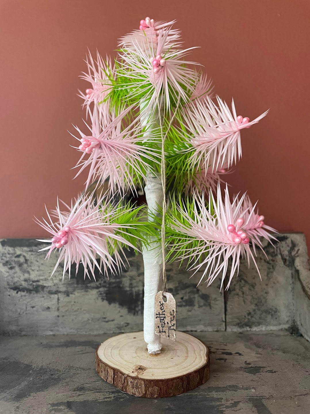 Handcrafted USA German Style Goose Pastel Pink/Green Easter Feather Tree w/ Pink Berries 8&quot;