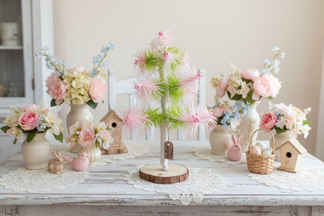 Bethany Lowe Inspired Handcrafted USA German Style Goose Pastel Pink/Green Easter Feather Tree w/ Pink Berries 8" - The Primitive Pineapple Collection