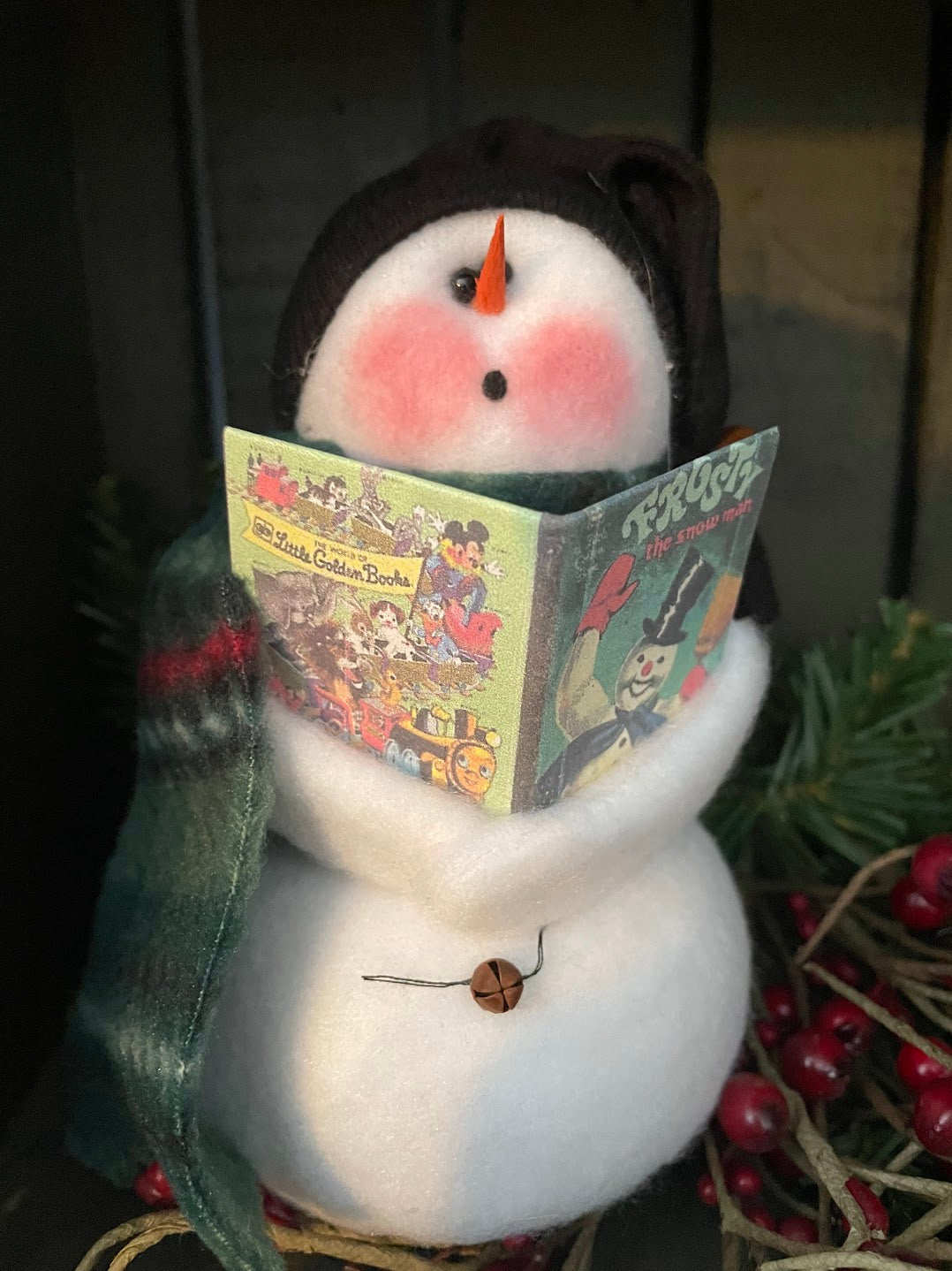 Primitive Handcrafted USA Caroling Snowman with Song Book