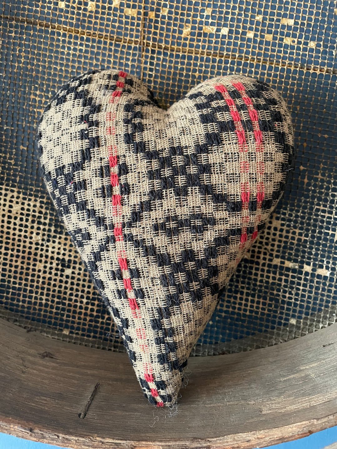 Primitive Colonial Handcrafted Black/Red Tan Woven Coverlet Fabric Heart 8" - The Primitive Pineapple Collection