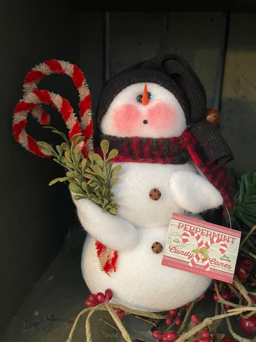 Primitive Handcrafted USA Snowman with Candy Cane and Sign
