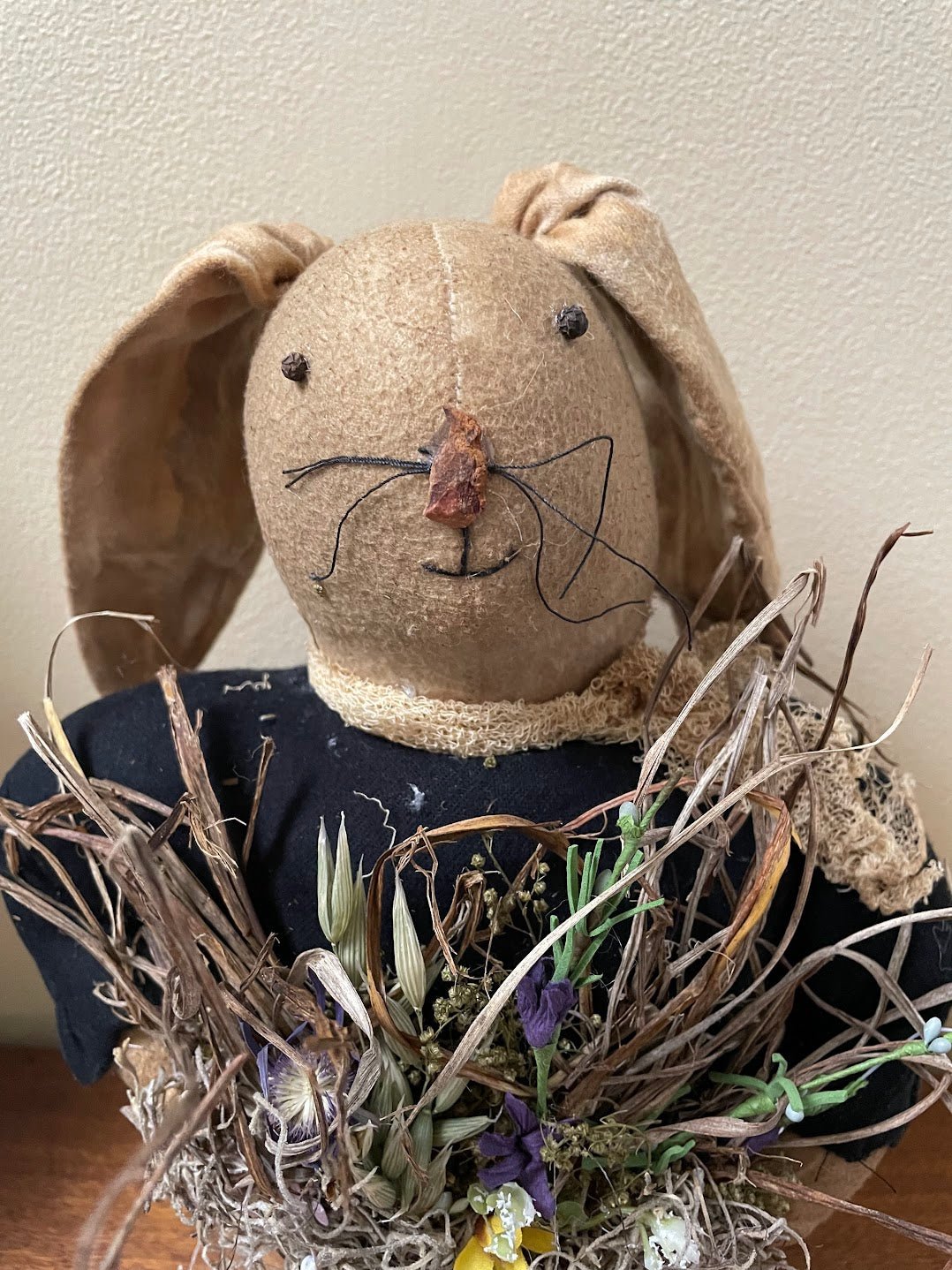 Primitive Farmhouse Handcrafted Spring Bunny Rabbit Stump Doll 14" - The Primitive Pineapple Collection