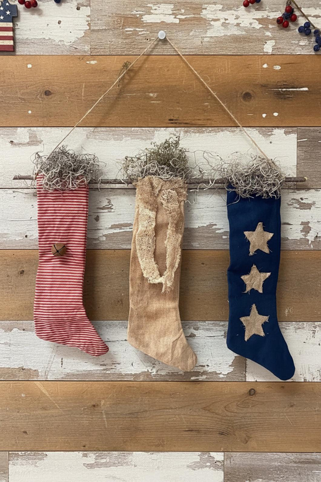 Primitive Handcrafted Patriotic Americana Trio Stocking Hanger w/ Sweet Annie - The Primitive Pineapple Collection