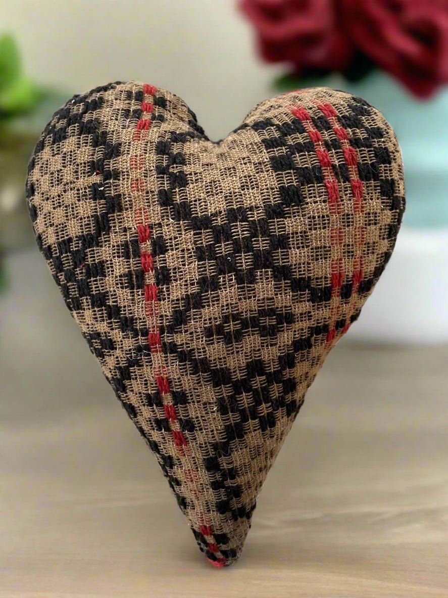 Primitive Colonial Handcrafted Black/Red Tan Woven Coverlet Fabric Heart 8" - The Primitive Pineapple Collection