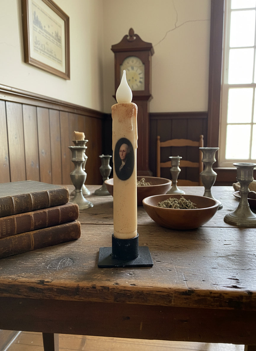 Primitive Handcrafted Colonial President Washington 7"H Led Timer Taper Candle - The Primitive Pineapple Collection