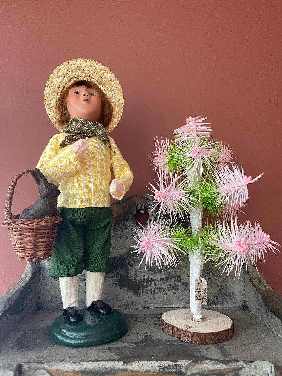 Bethany Lowe Inspired Handcrafted USA German Style Goose Pastel Pink/Green Easter Feather Tree w/ Pink Berries 8" - The Primitive Pineapple Collection
