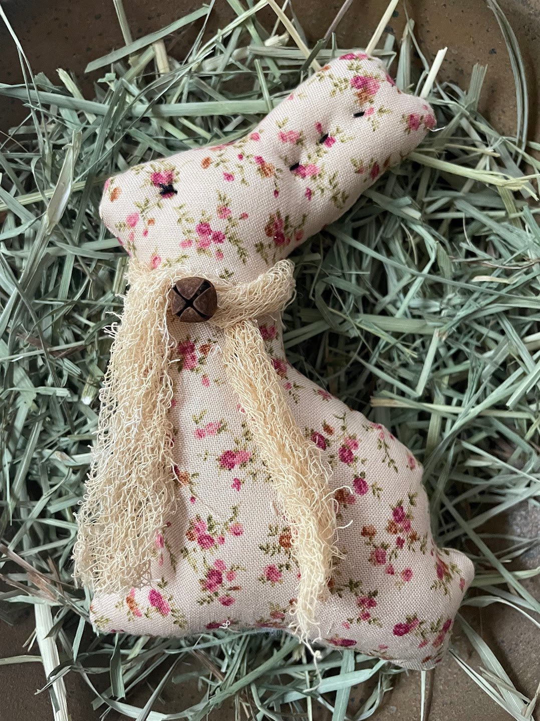Handcrafted USA Spring Floral Fabric Bunny Rusty Bell Bowl Filler - The Primitive Pineapple Collection