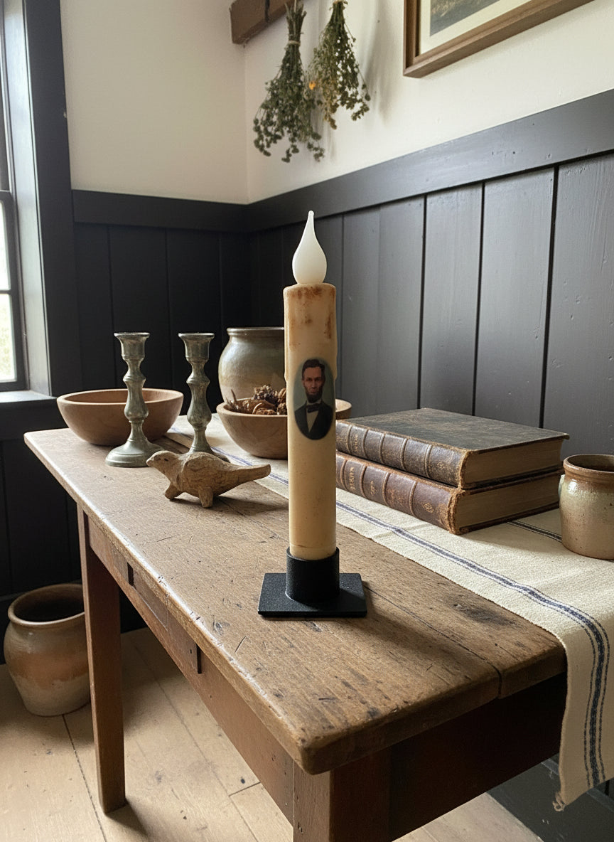 Primitive Handcrafted Colonial President Lincoln 7"H Led Timer Taper Candle - The Primitive Pineapple Collection