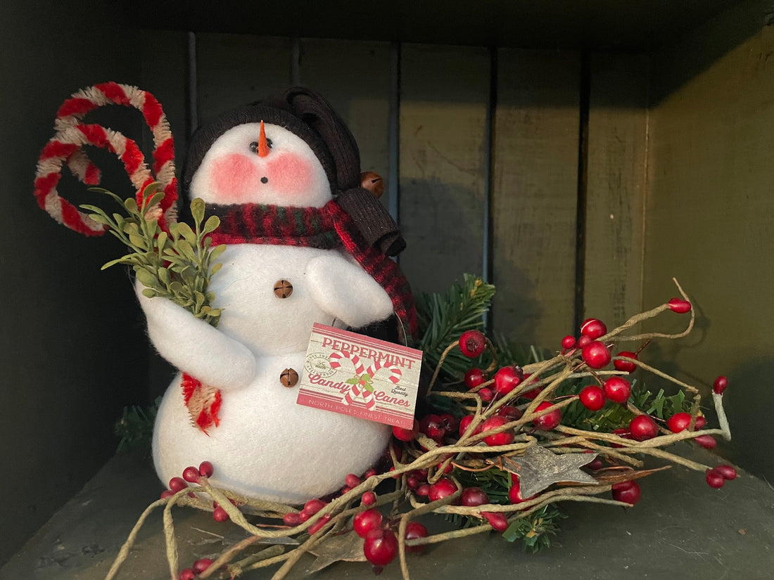 Primitive Handcrafted USA Snowman with Candy Cane and Sign