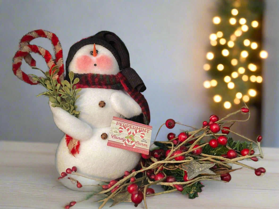 Primitive Handcrafted USA Snowman with Candy Cane and Sign - The Primitive Pineapple Collection