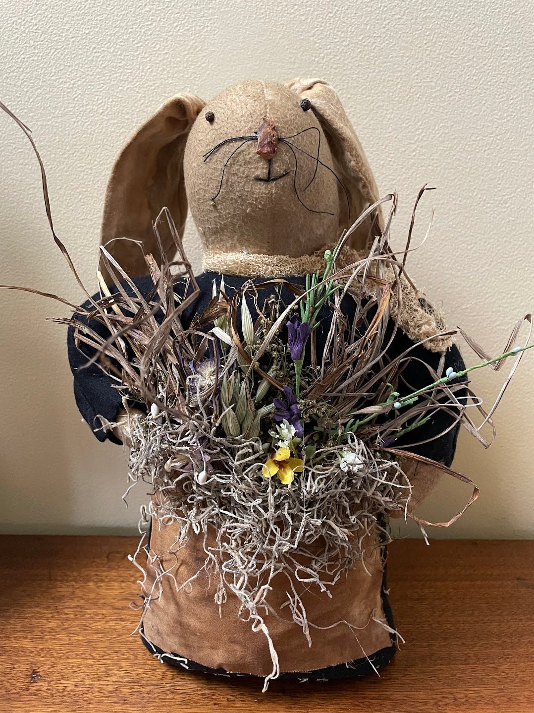 Primitive Farmhouse Handcrafted Spring Bunny Rabbit Stump Doll 14" - The Primitive Pineapple Collection