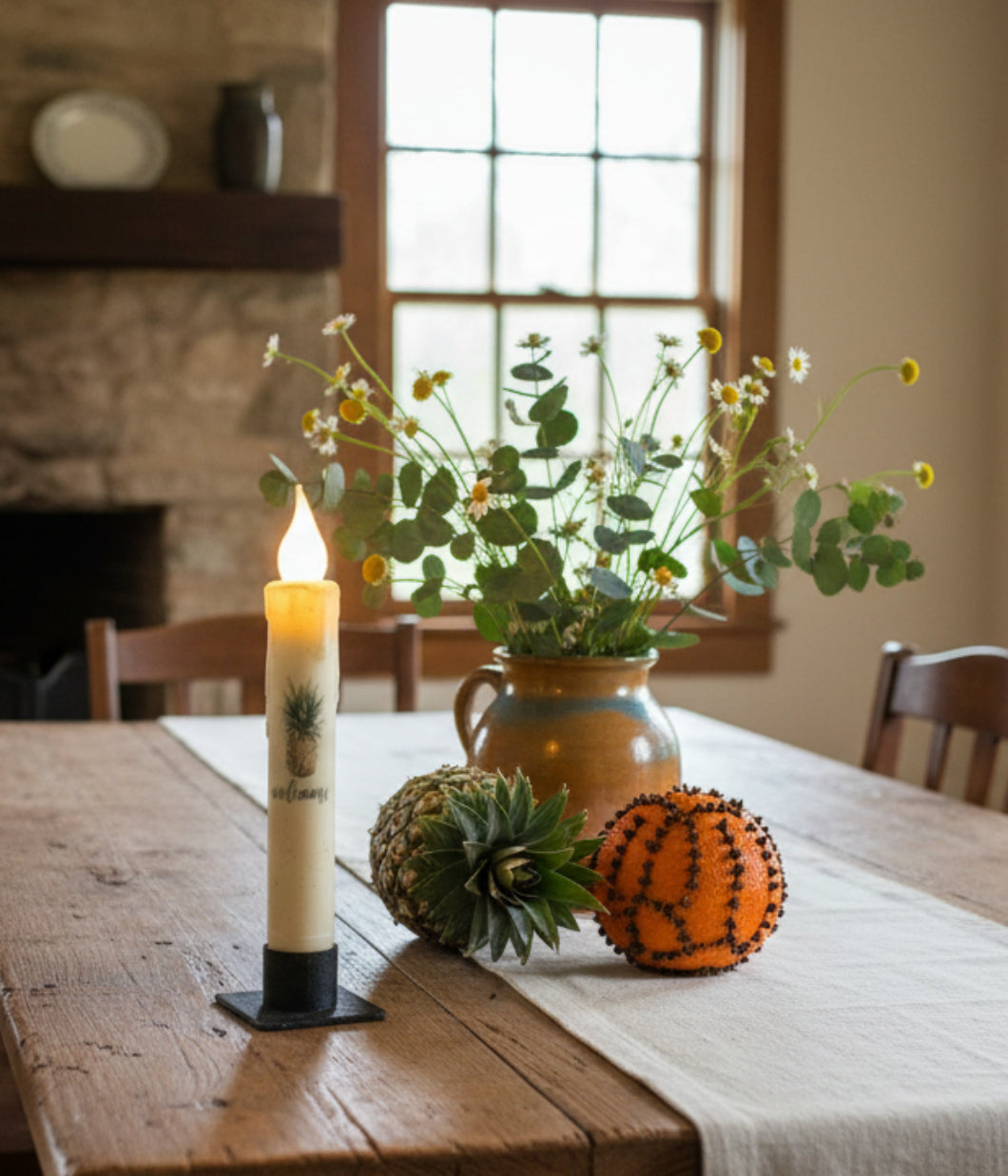 Primitive Handcrafted Colonial Welcome Pineapple 7"H Led Timer Taper Candle - The Primitive Pineapple Collection