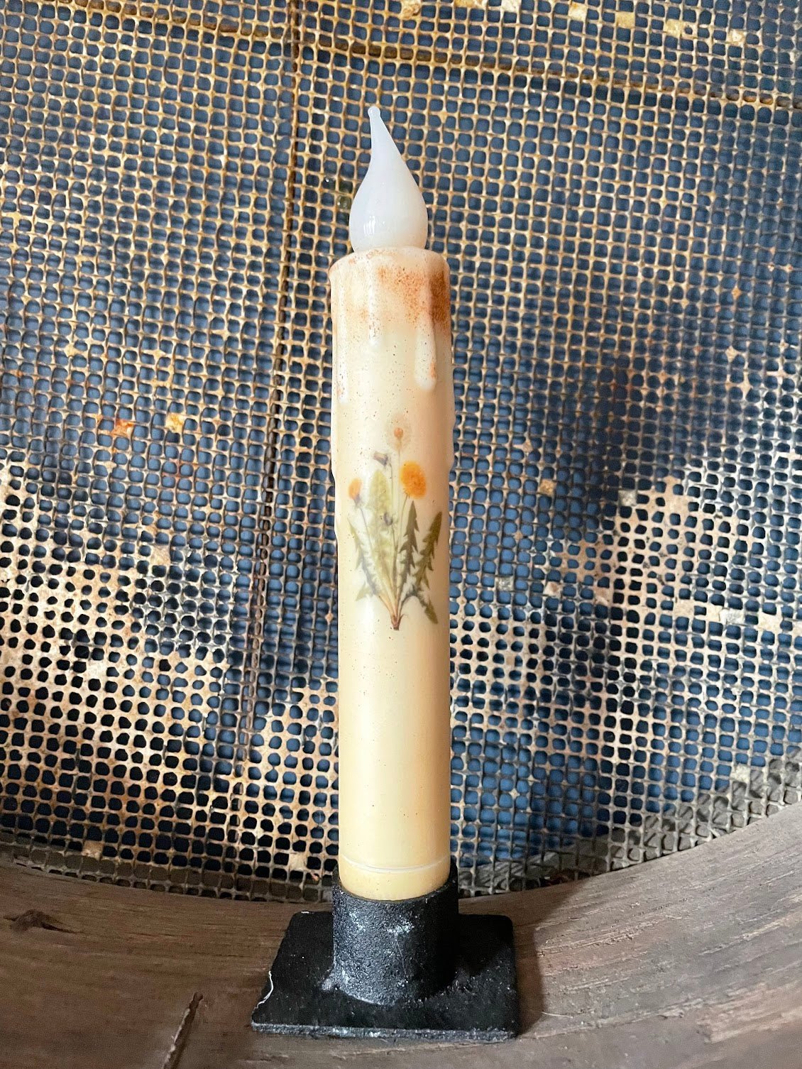 Primitive Handcrafted Spring Summer 7"Dandelion Flowers Led Timer Taper Candle - The Primitive Pineapple Collection