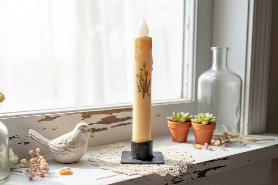 Primitive Handcrafted Spring Summer 7"Dandelion Flowers Led Timer Taper Candle - The Primitive Pineapple Collection