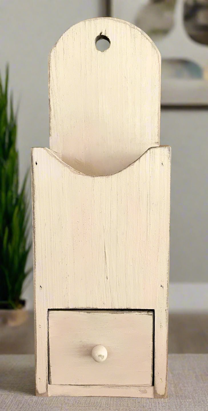 Primitive Distressed Ivory Candle Box W/Drawer 12.25" - The Primitive Pineapple Collection
