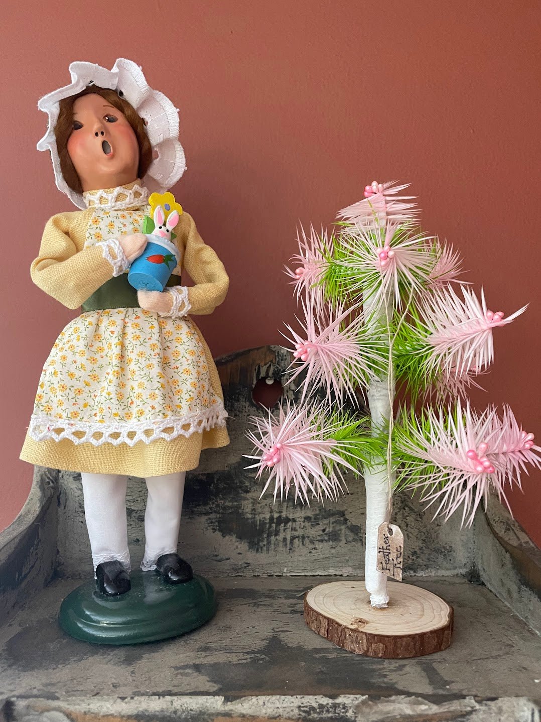 Bethany Lowe Inspired Handcrafted USA German Style Goose Pastel Pink/Green Easter Feather Tree w/ Pink Berries 8" - The Primitive Pineapple Collection