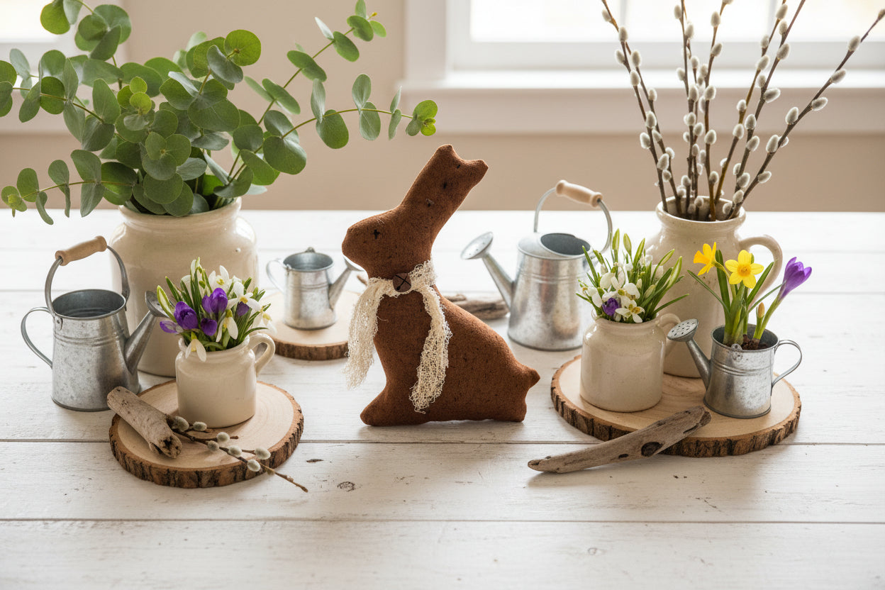Handcrafted USA Spring Chocolate Fabric Bunny Rusty Bell Bowl Filler - The Primitive Pineapple Collection