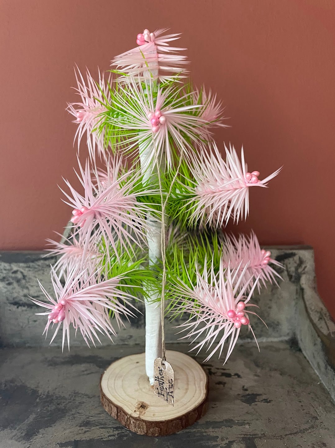 Bethany Lowe Inspired Handcrafted USA German Style Goose Pastel Pink/Green Easter Feather Tree w/ Pink Berries 8" - The Primitive Pineapple Collection