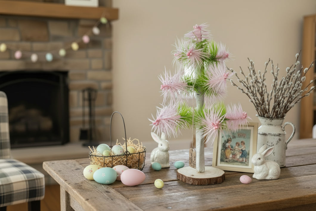 Bethany Lowe Inspired Handcrafted USA German Style Goose Pastel Pink/Green Easter Feather Tree w/ Pink Berries 8" - The Primitive Pineapple Collection