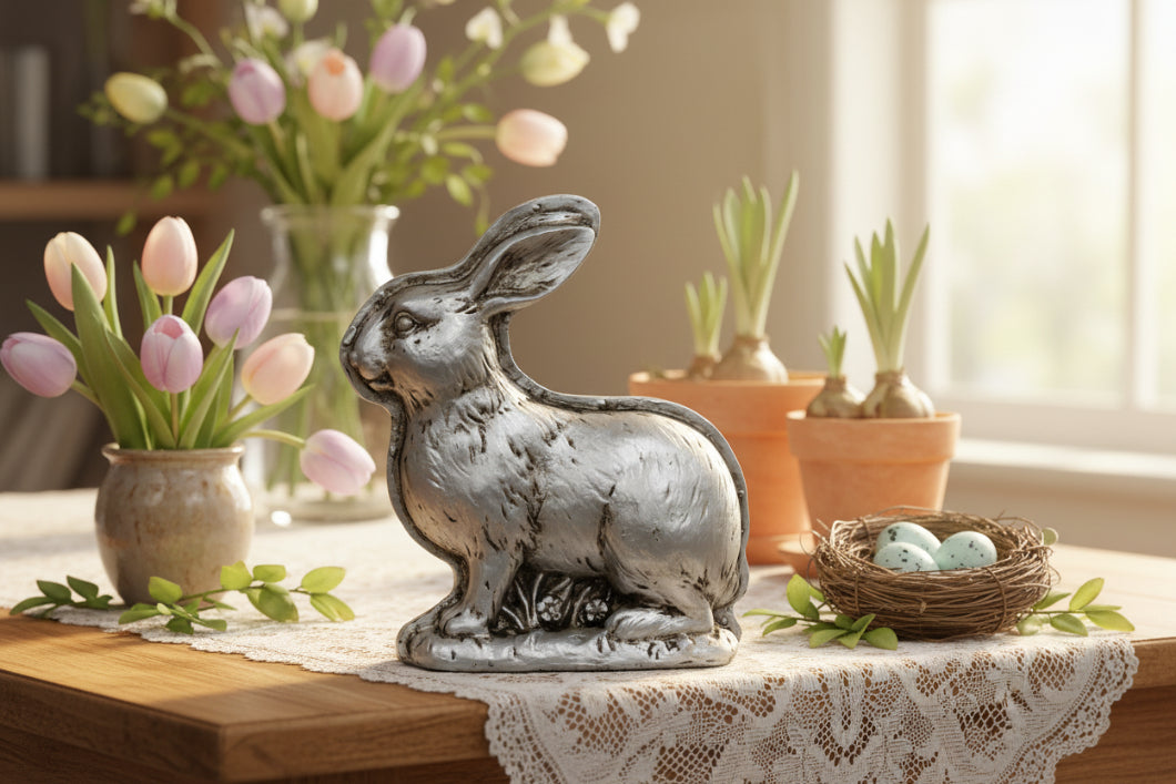 Primitive Farmhouse Spring Silver Bunny Faux Chocolate Mold Sitter 6.5" - The Primitive Pineapple Collection