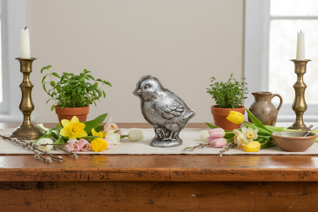 Primitive Farmhouse Faux Silver Chick Chocolate Mold Sitter 5.25" - The Primitive Pineapple Collection