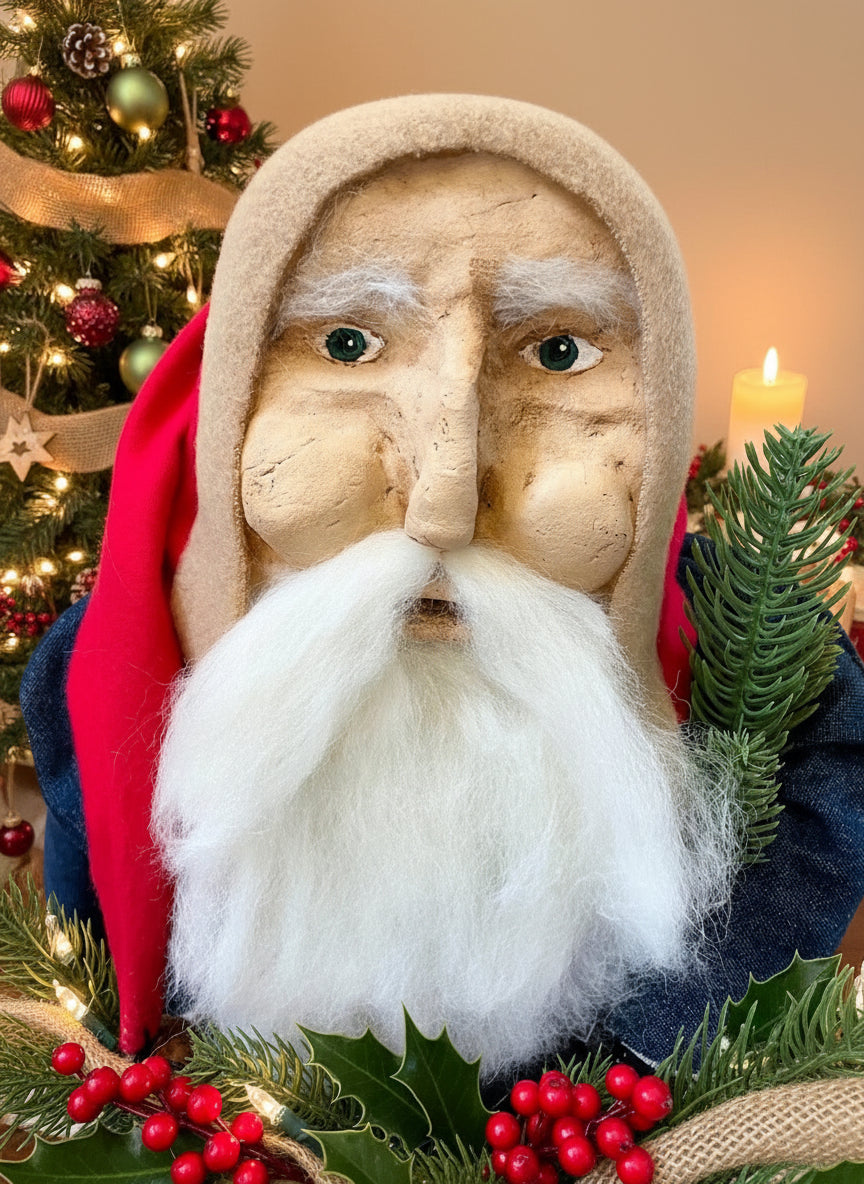 Primitive Christmas Hand Sculpted Clay Face Santa Doll Blue/Red 18" - The Primitive Pineapple Collection