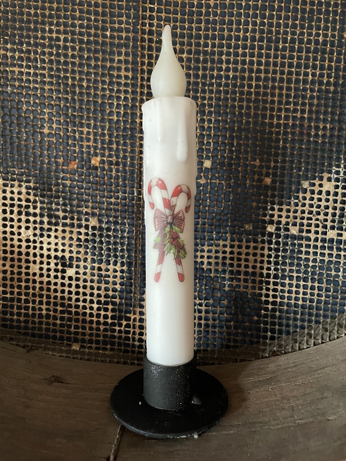 Primitive Handcrafted Christmas 7"Candy Cane and Holly Led Timer Taper Candle - The Primitive Pineapple Collection