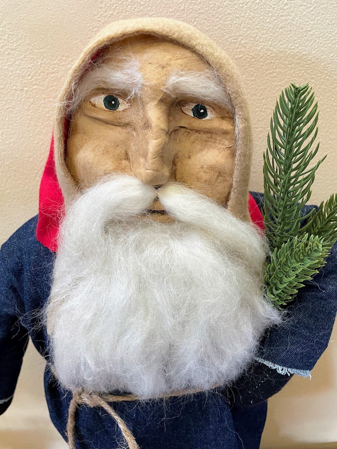 Primitive Christmas Hand Sculpted Clay Face Santa Doll Blue/Red 18" - The Primitive Pineapple Collection