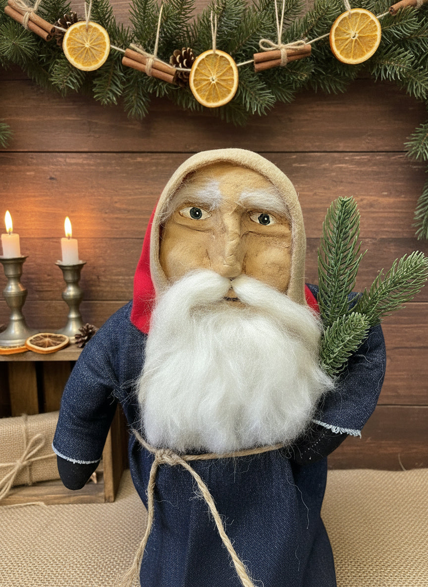 Primitive Christmas Hand Sculpted Clay Face Santa Doll Blue/Red 18" - The Primitive Pineapple Collection