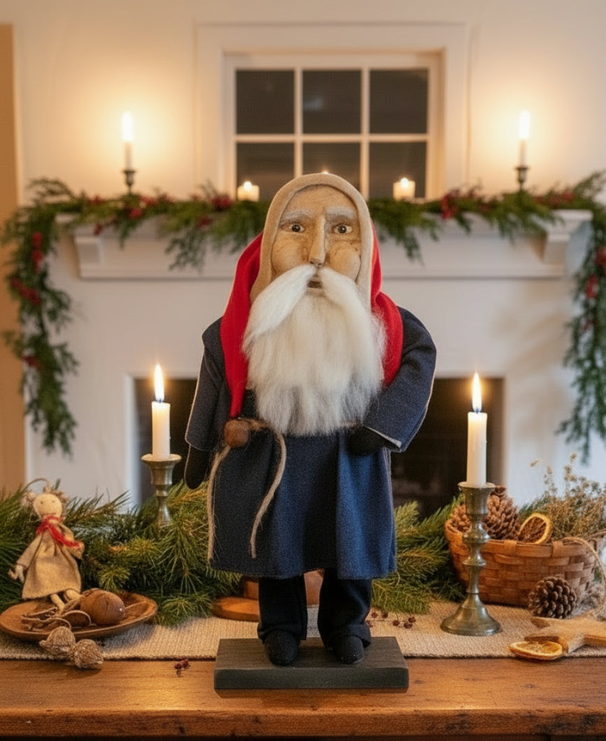 Primitive Christmas Hand Sculpted Clay Face Santa Doll Blue/Red 18" - The Primitive Pineapple Collection