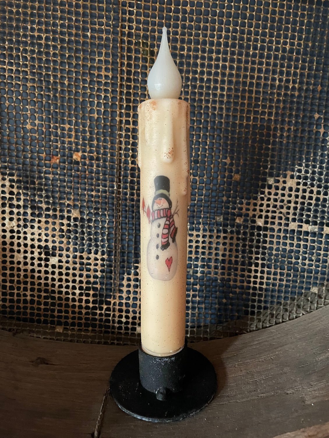 Primitive Handcrafted Christmas 7" Snowman Led Timer Taper Candle - The Primitive Pineapple Collection