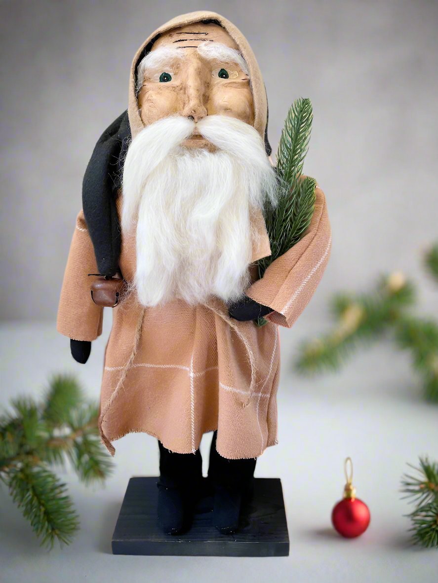Primitive Christmas Hand Sculpted Clay Face Santa Doll Beige/ Blue 19" - The Primitive Pineapple Collection