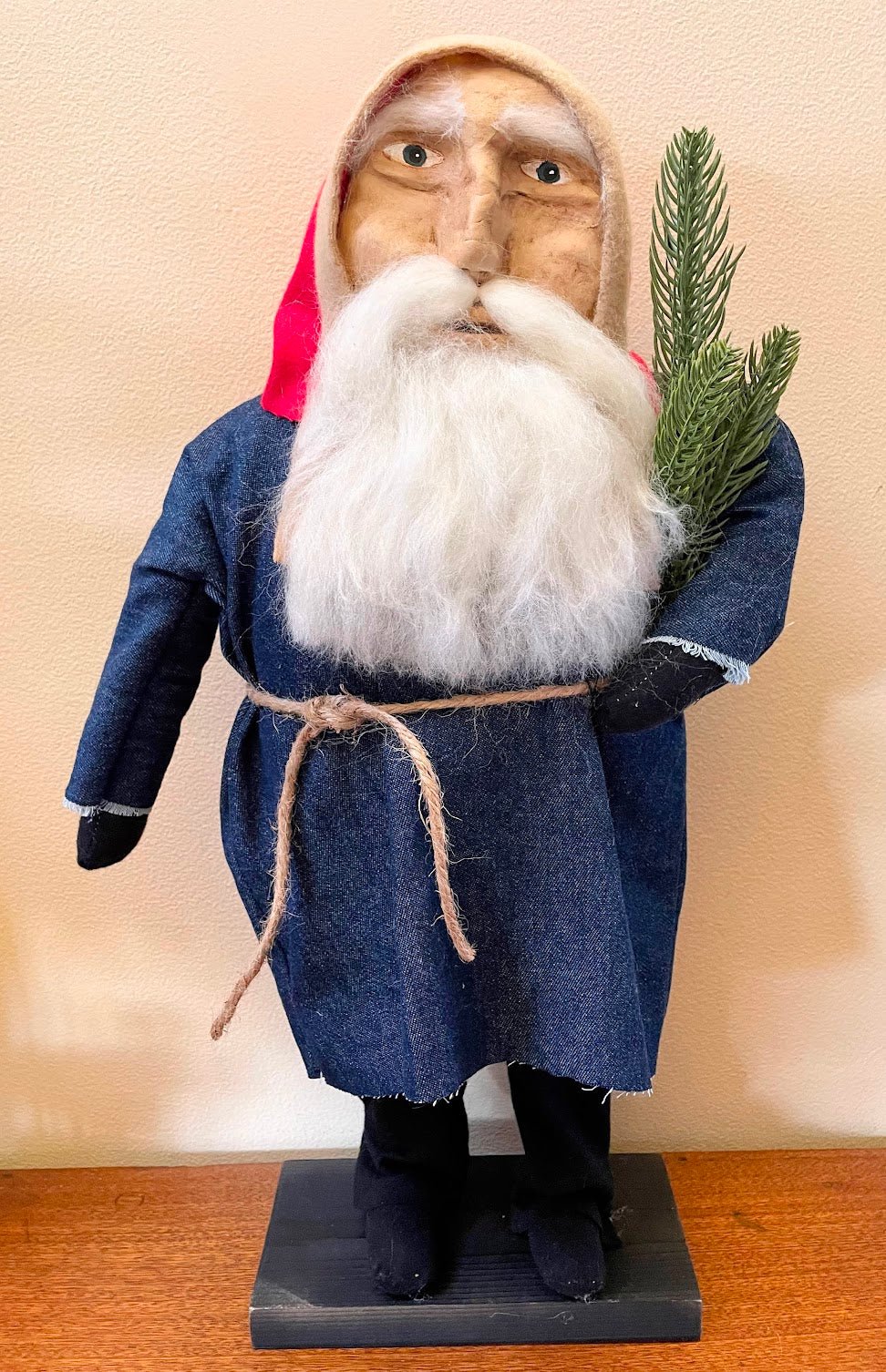Primitive Christmas Hand Sculpted Clay Face Santa Doll Blue/Red 18" - The Primitive Pineapple Collection