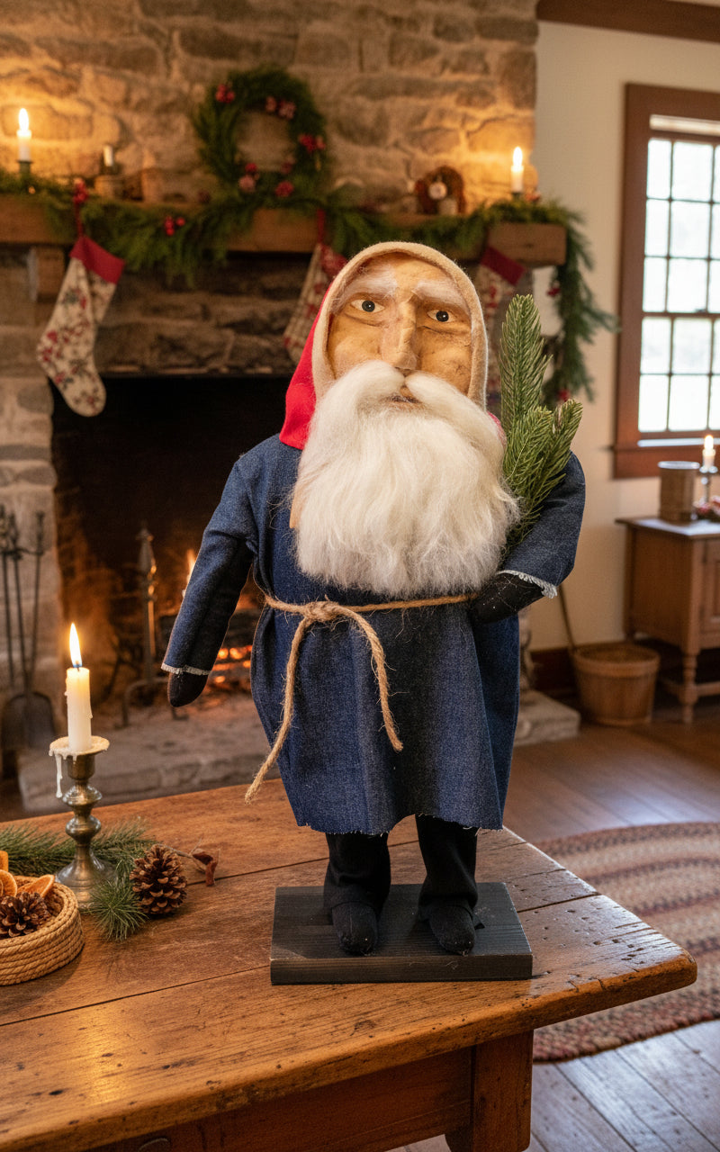 Primitive Christmas Hand Sculpted Clay Face Santa Doll Blue/Red 18" - The Primitive Pineapple Collection