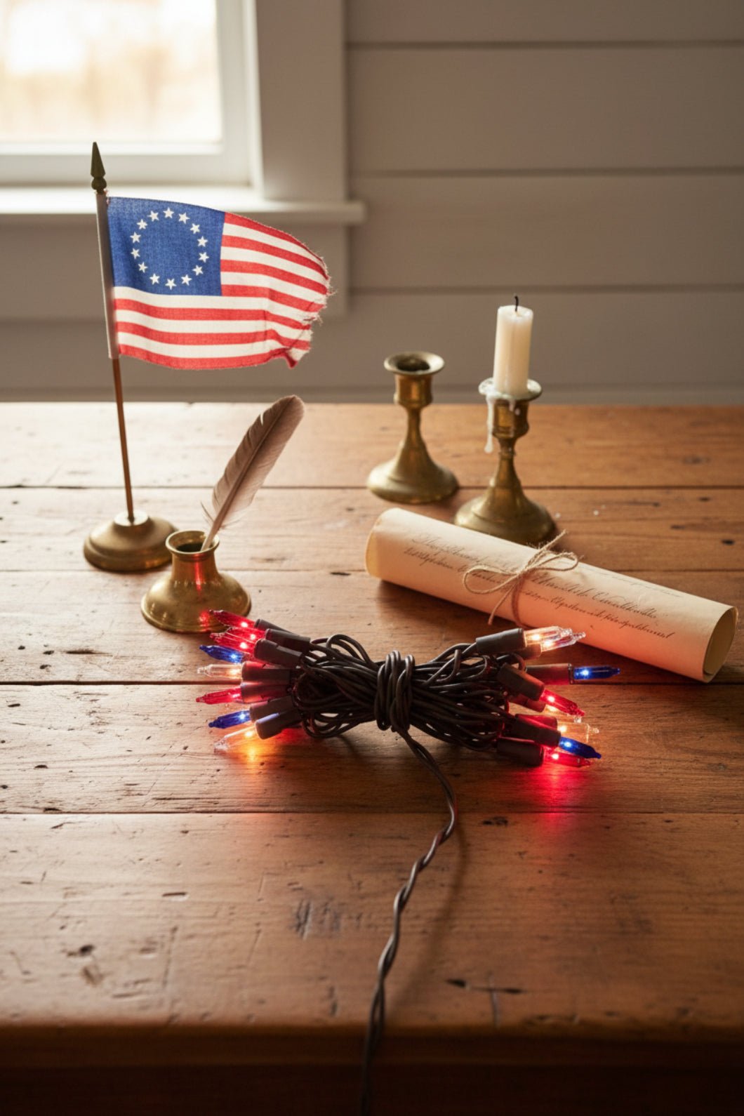 Patriotic Red, White, & Blue String Lights - 20 ct. Brown Wire for Primitive & Americana Decor - The Primitive Pineapple Collection