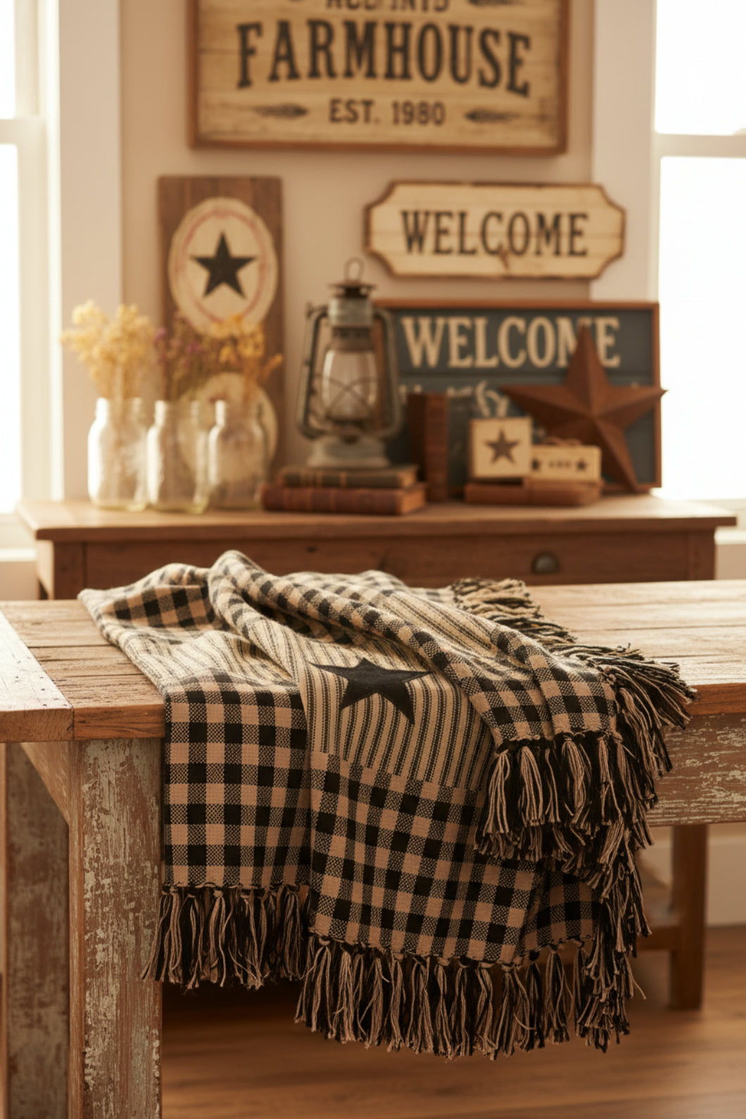 Primitive Farmhouse Star Afghan Throw 50" x 60" - The Primitive Pineapple Collection