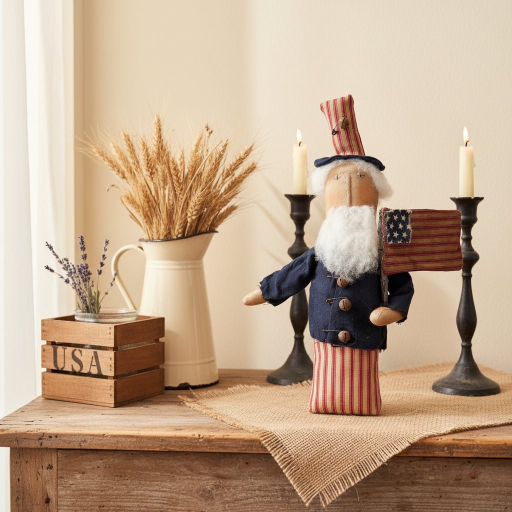 Primitive Handcrafted 14" Americana Uncle Sam Stump Doll - The Primitive Pineapple Collection