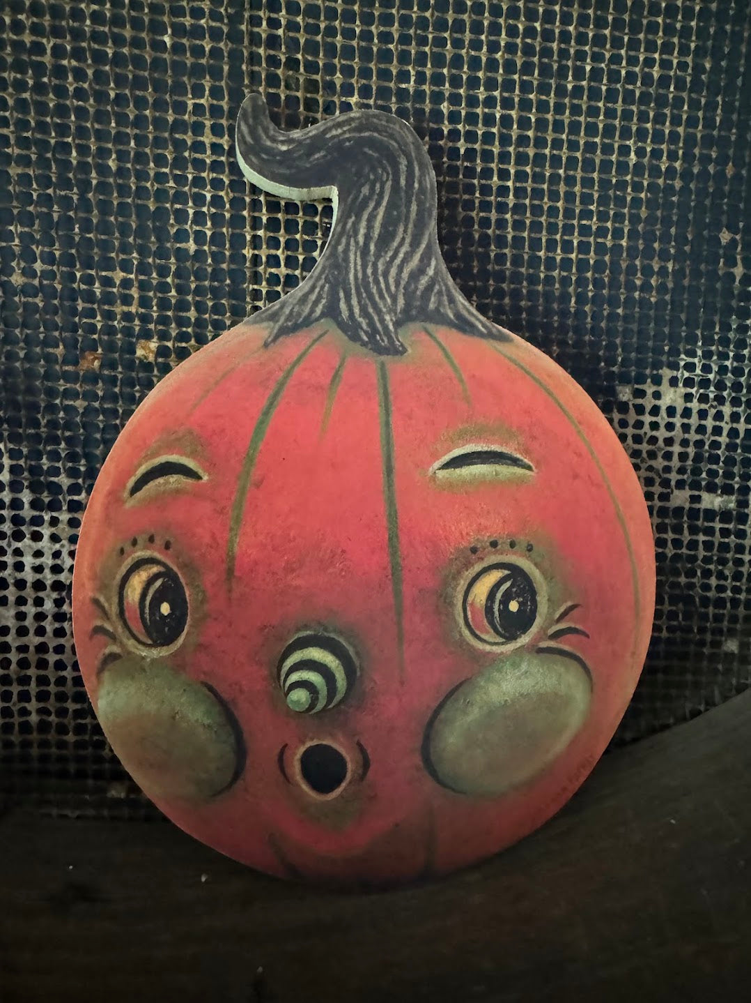 Handcrafted Halloween Retro Johanna Parker Cone Nose Pumpkin Wood Cutout 7&quot;