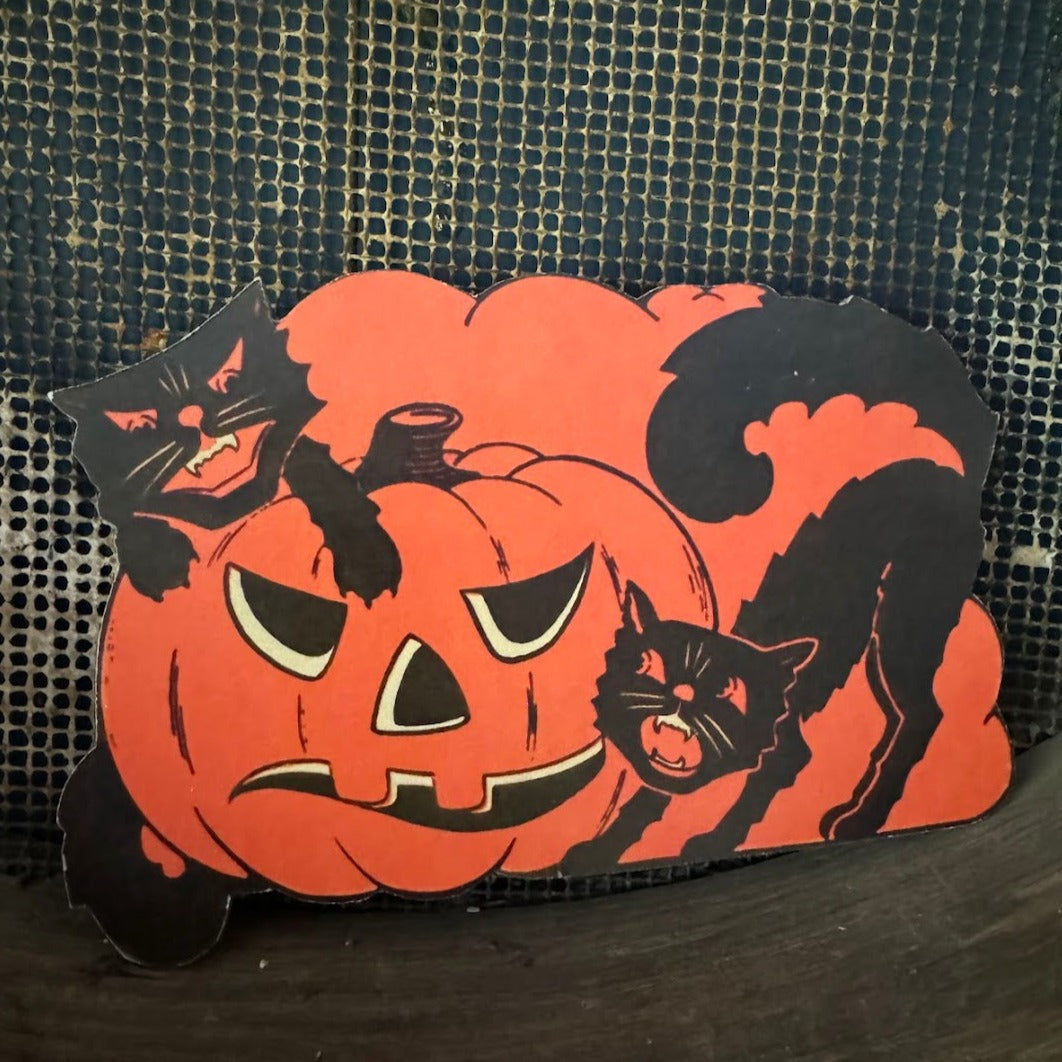 Handcrafted Halloween Retro Two Cats and Jack O Lantern Wood Cutout 7&quot;