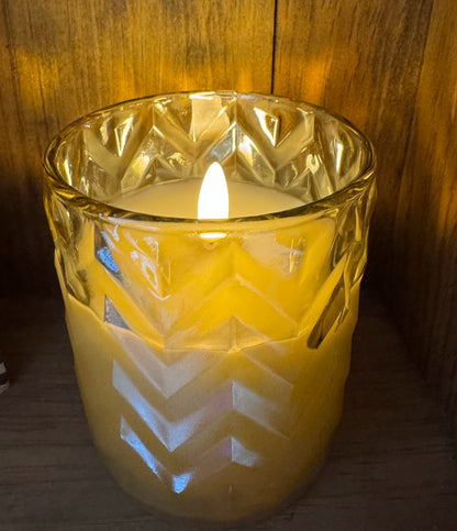 Primitive Ragon House 4&quot; Champagne Chevron Glass Jar 3D Flame Battery Candle 6hr Timer