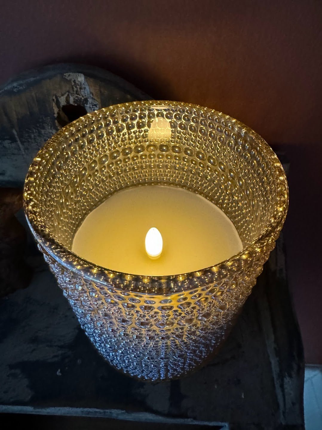 Primitive Ragon House 5" Champagne Dotted Glass Jar 3D Flame Battery Candle 6hr Timer - The Primitive Pineapple Collection