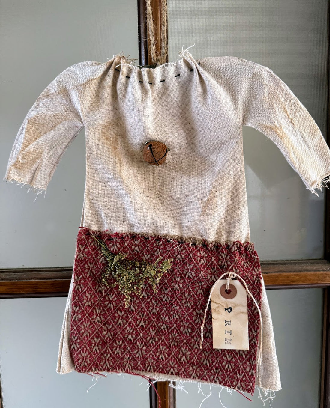 Primitive Colonial Handcrafted Stitched Prairie Dress w/ Red Woven Apron Hanger 13&quot;